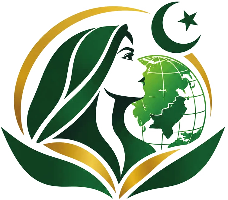 PIWDO emblem: a woman in a green dupatta beside a globe showing Pakistan, beneath a crescent and star